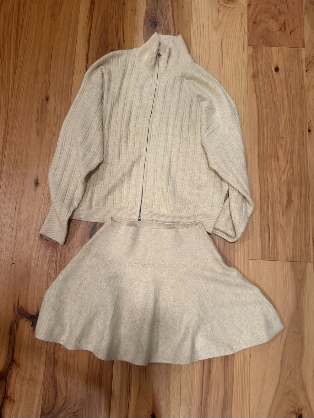 Free People Cream Ribbed Zip-Up Knit Jacket and skirt set